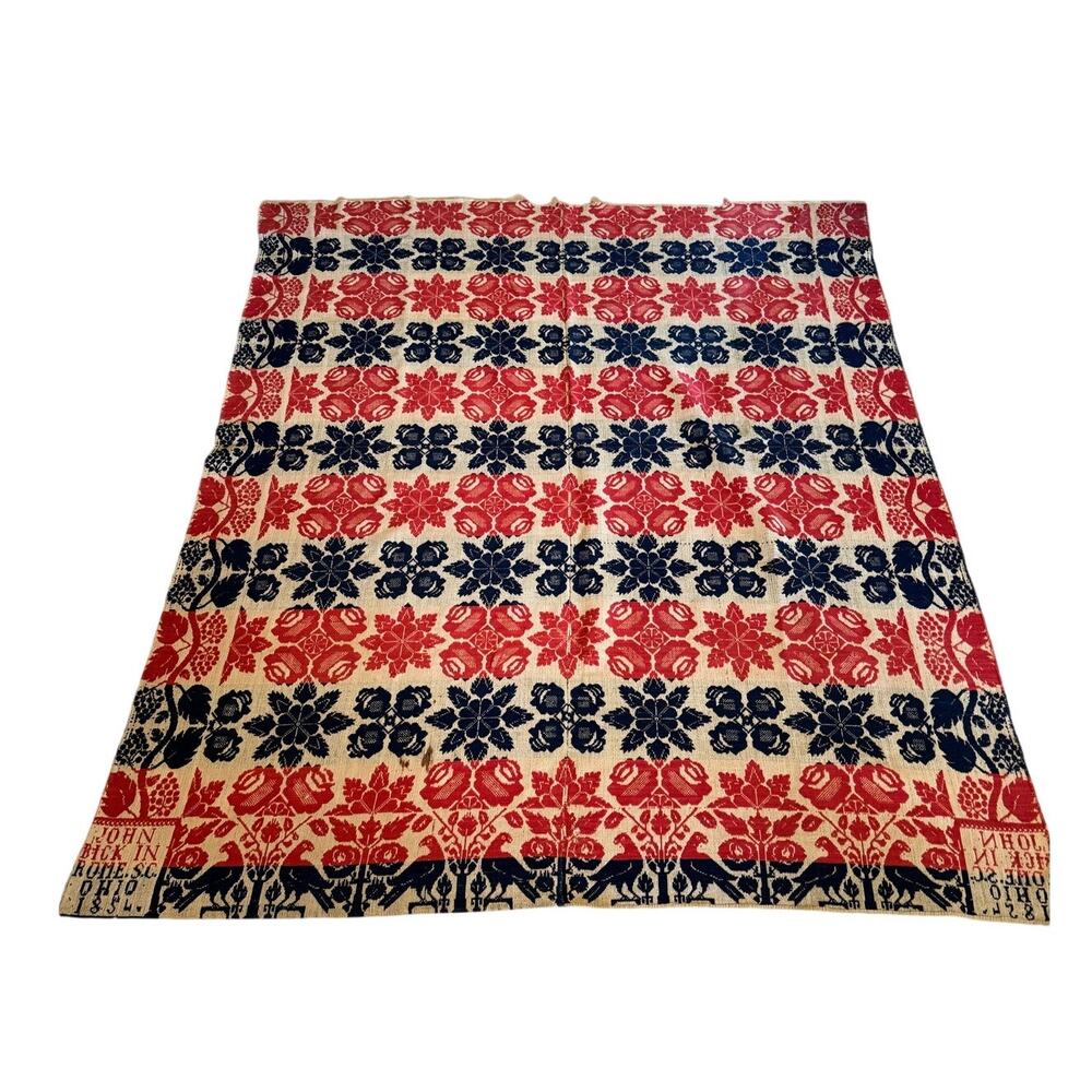 antique American Jacquard-woven coverlet from Ohio by John Bick 1884